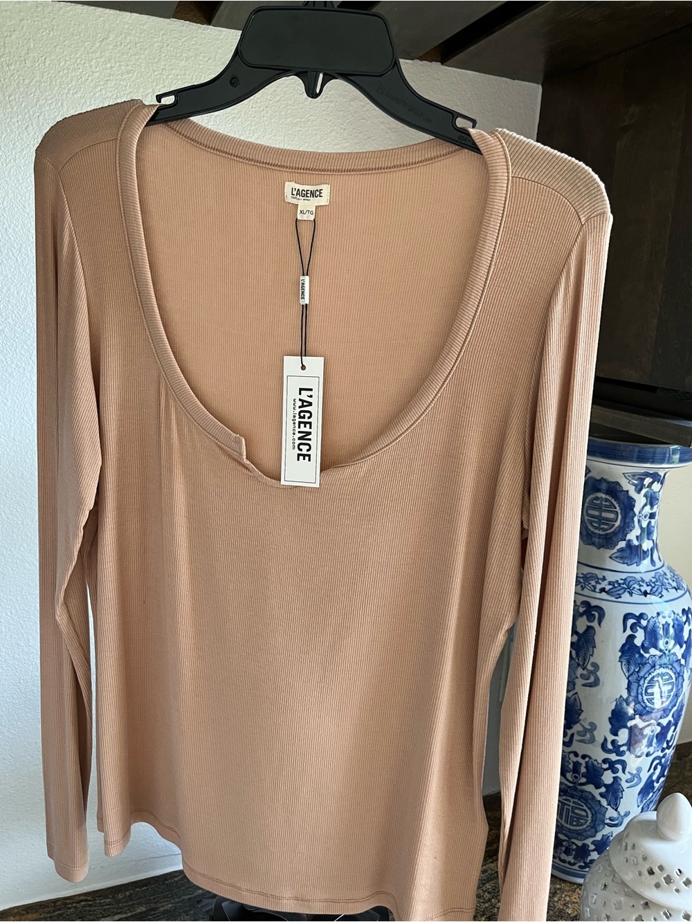 L'AGENCE Long-Sleeve Scoop Neck Top — Soft Beige